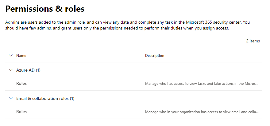 The Permissions & roles page in the Microsoft 365 Defender portal
