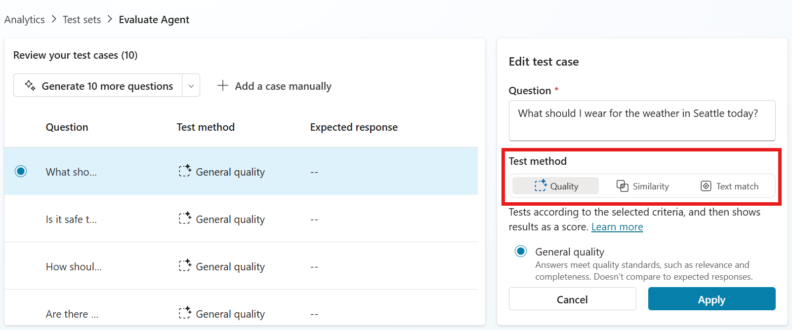 Screenshot showing the test method selection.
