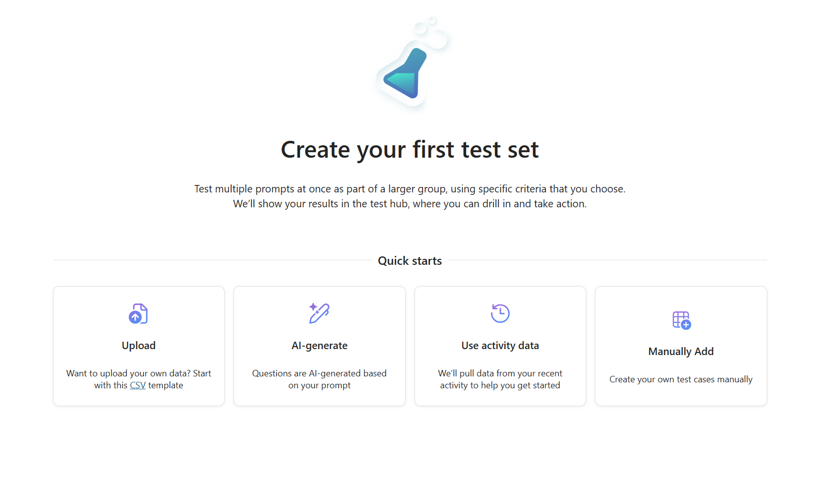 Screenshot of the Test hub screen.