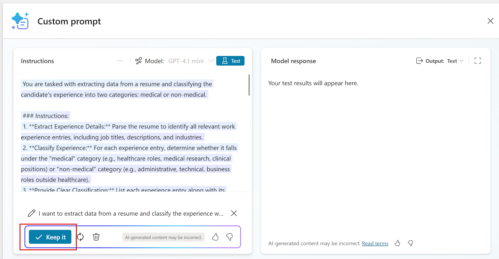 Screenshot of a Copilot suggested prompt and the 'Keep it' button.