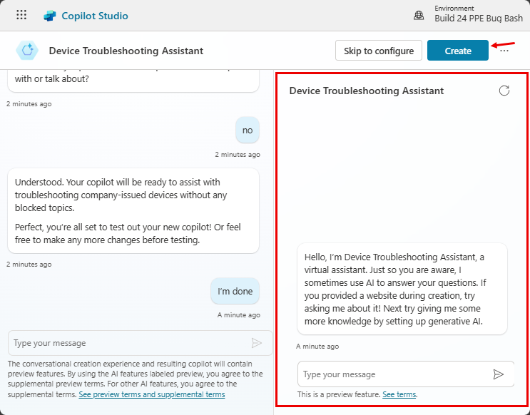 Screenshot of the copilot creation page with emphasis on preview pane and Create button.