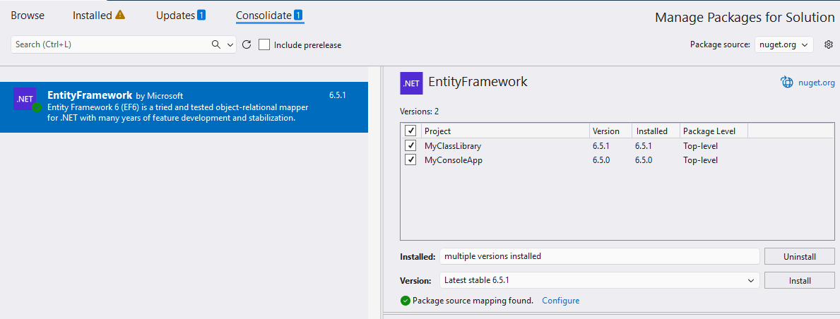 Screenshot showing the Manage Packages for Solution window with the Consolidate tab selected.