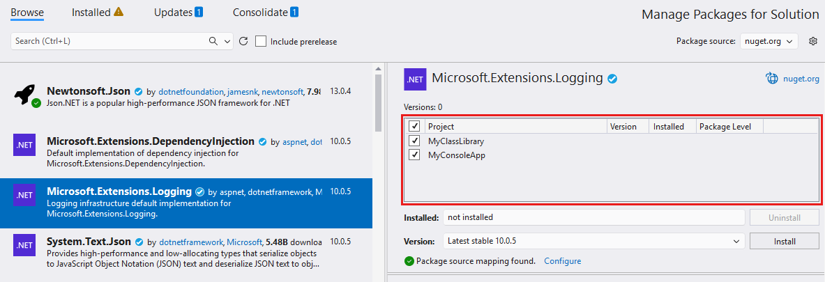 Screenshot showing the Manage Packages for Solution window with multiple projects selected.