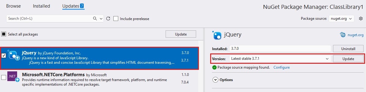 Screenshot showing the NuGet Package Manager with a package selected and its Update button highlighted.