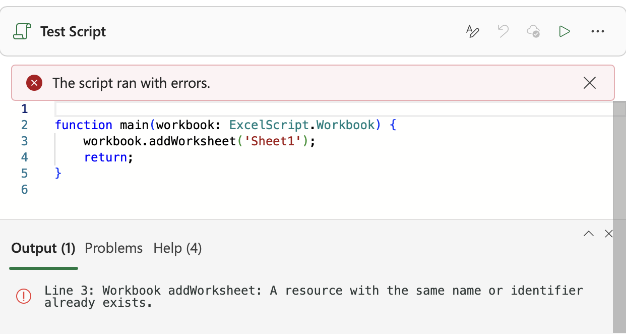 The code editor console displaying an error from the `addWorksheet` call.