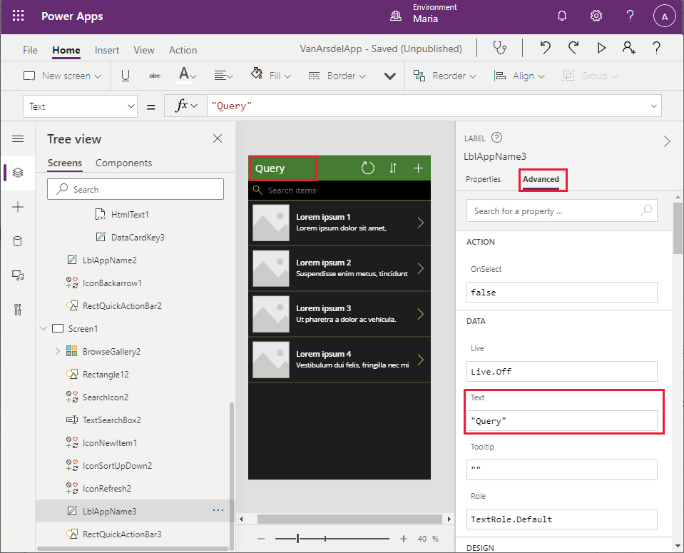 Izmijenite tekst zaglavlja zaslona upita.