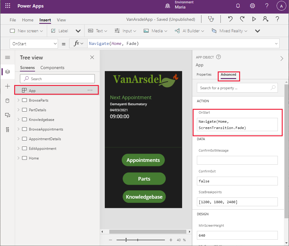 Postavite formulu App OnStart.