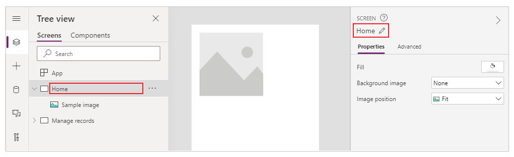 Nazivi zaslona mogu se mijenjati iz stabla kontrola ili ploče svojstava, kao što je istaknuto na slici.