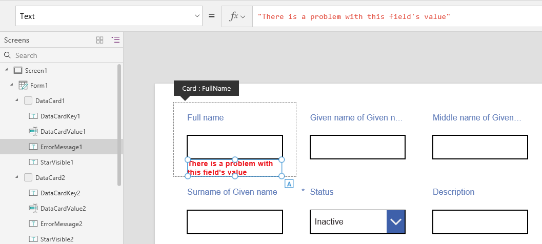 S porukom o pogrešci, kontrola i kartica automatski rastu.