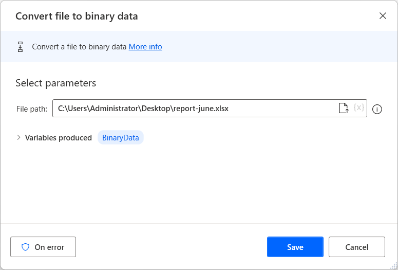 Snimka zaslona akcije Pretvori datoteku u binarne podatke.