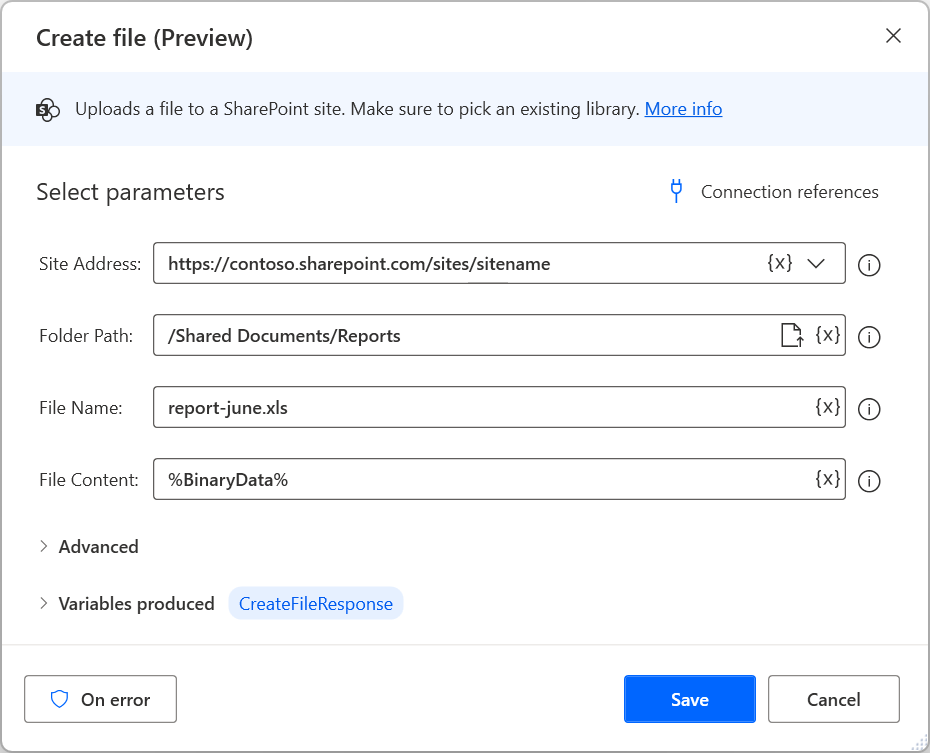 Snimka zaslona akcije Stvaranje datoteke sustava Sharepoint.