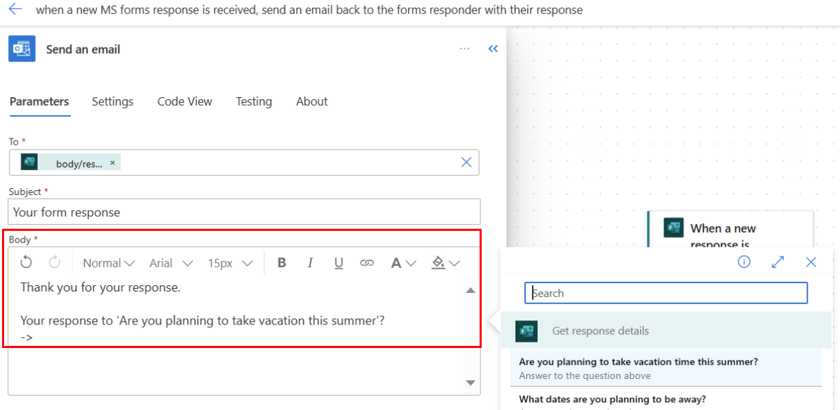 Snimka zaslona tijela e-pošte za slanje akcije slanja e-pošte programa Outlook u kopilotu.