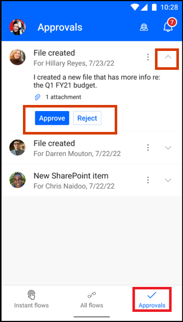 Snimka zaslona sa zahtjevima za odobravanje u Power Automate mobilnoj aplikaciji s gumbima Odobri i Odbaci za jedan prikazani zahtjev.