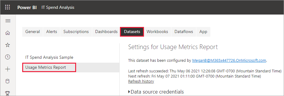 Screenshot of the Usage metrics semantic model.