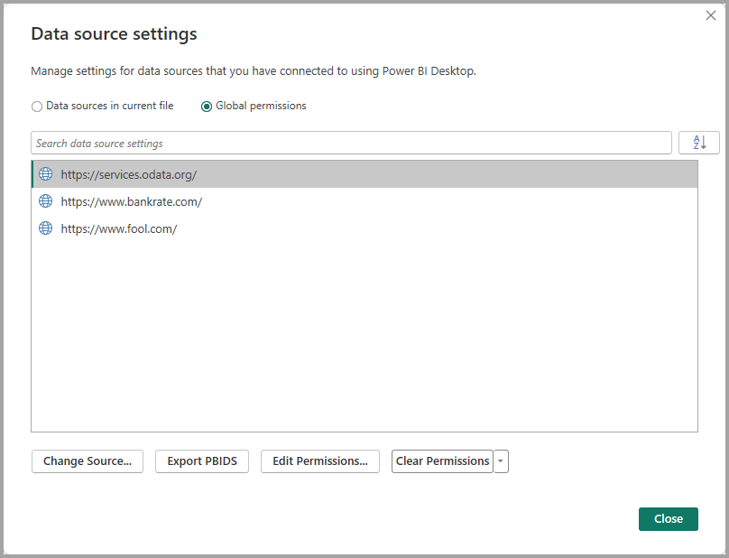 Screenshot that shows the Data source settings dialog box.