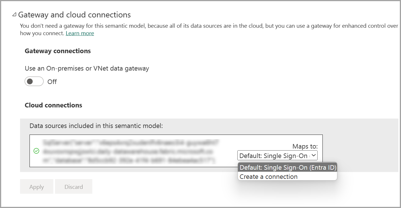 Screenshot of using a shareable cloud connection instead of the default single sign-on credentials.