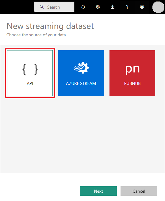 Screenshot of the New streaming semantic model choices, showing the API selection.