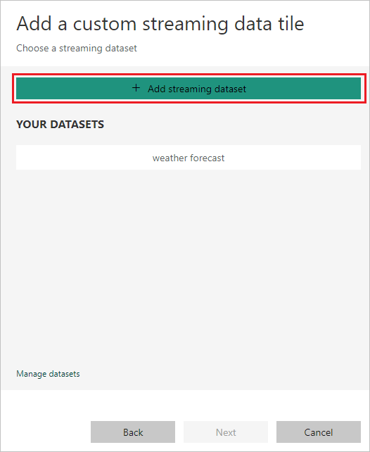 Screenshot of the dashboard, showing the Add streaming semantic model link in the Add a custom streaming data tile.