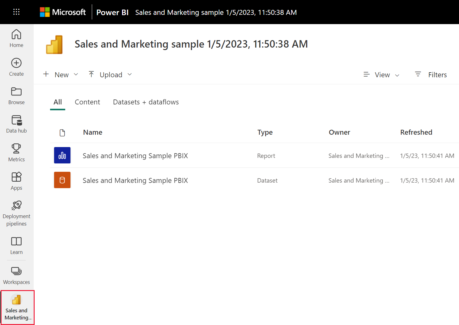 Screenshot of the Sales and Marketing workspace showing one report and one semantic model.