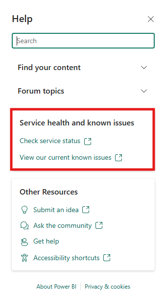 Screenshot of links to service status and known issues in the Help Pane.