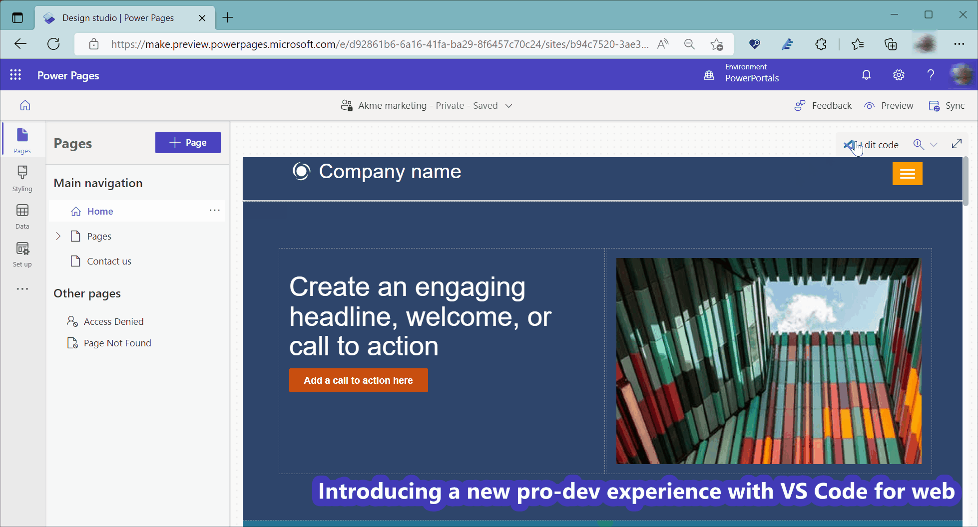 Demo korištenja Visual Studio Code za web za uređivanje Power Pages site.
