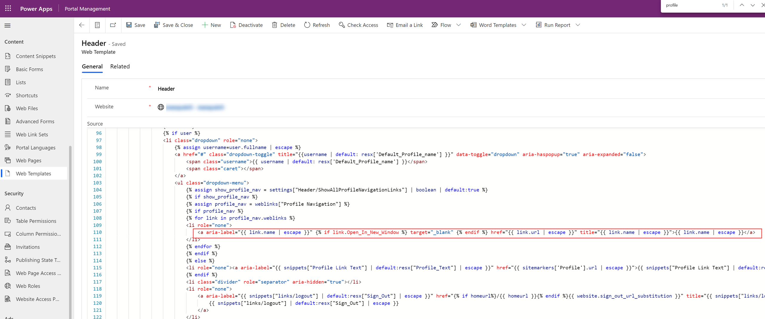 Prikaz retka koda za ažuriranje u web-predlošku zaglavlja.
