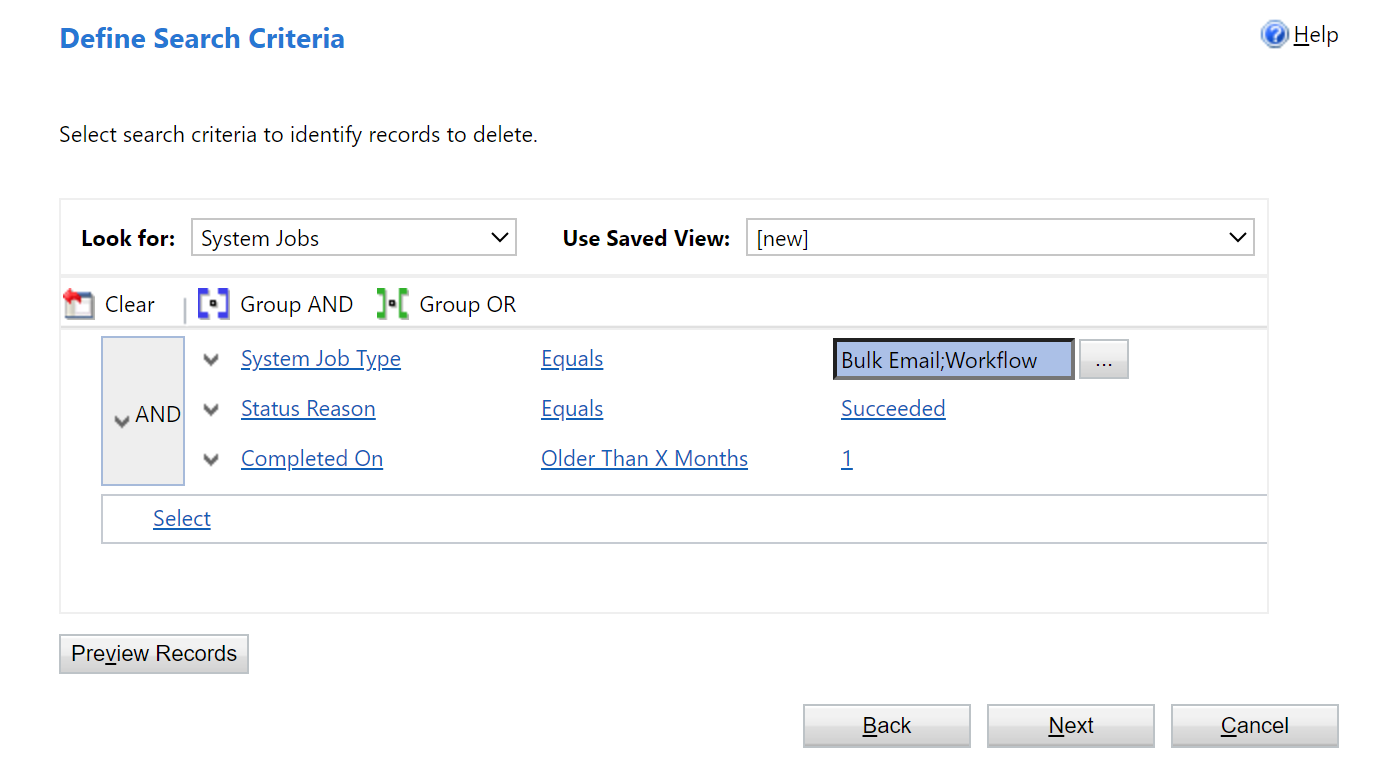 Snimka zaslona koja prikazuje gdje se nalazi mogućnost Grupiraj I u prozoru Definiranje kriterija pretraživanja. Metoda 1.