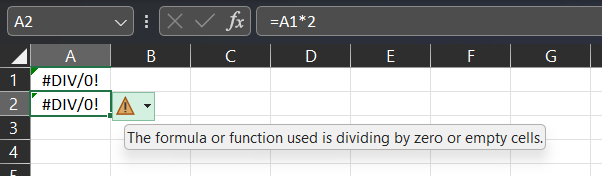 Snimka zaslona Excel tablice s A2=A1*2 i #DIV/0! prikazano u ćeliji.