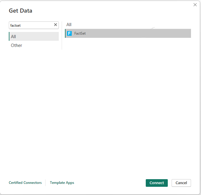 Screenshot of the Get Data dialog box with FactSet emphasized.