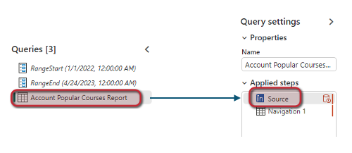 Screenshot of the data tables and the source to be selected within the applied steps section.
