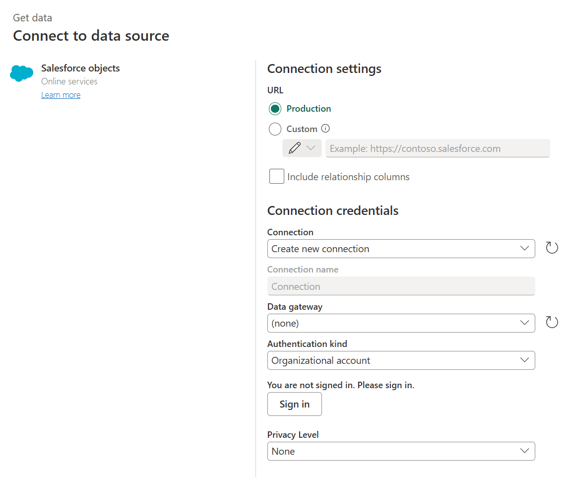 Screenshot of the Connect to data source window where you add Salesforce Objects connection information.