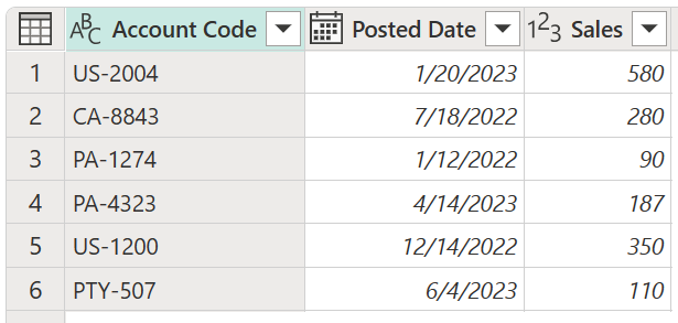Screenshot of a sample table containing account codes that begin with two or three different characters.
