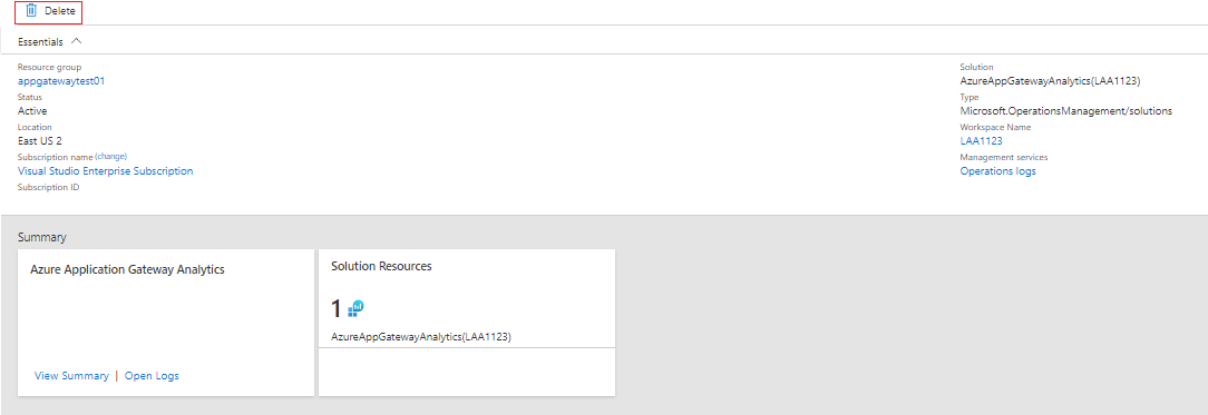 Screenshot that shows the delete option for the Application Gateway analytics solution.