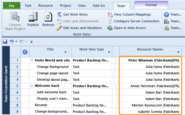 Assign resources in project defined in TFS and AD