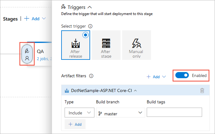 The artifact filter trigger conditions settings