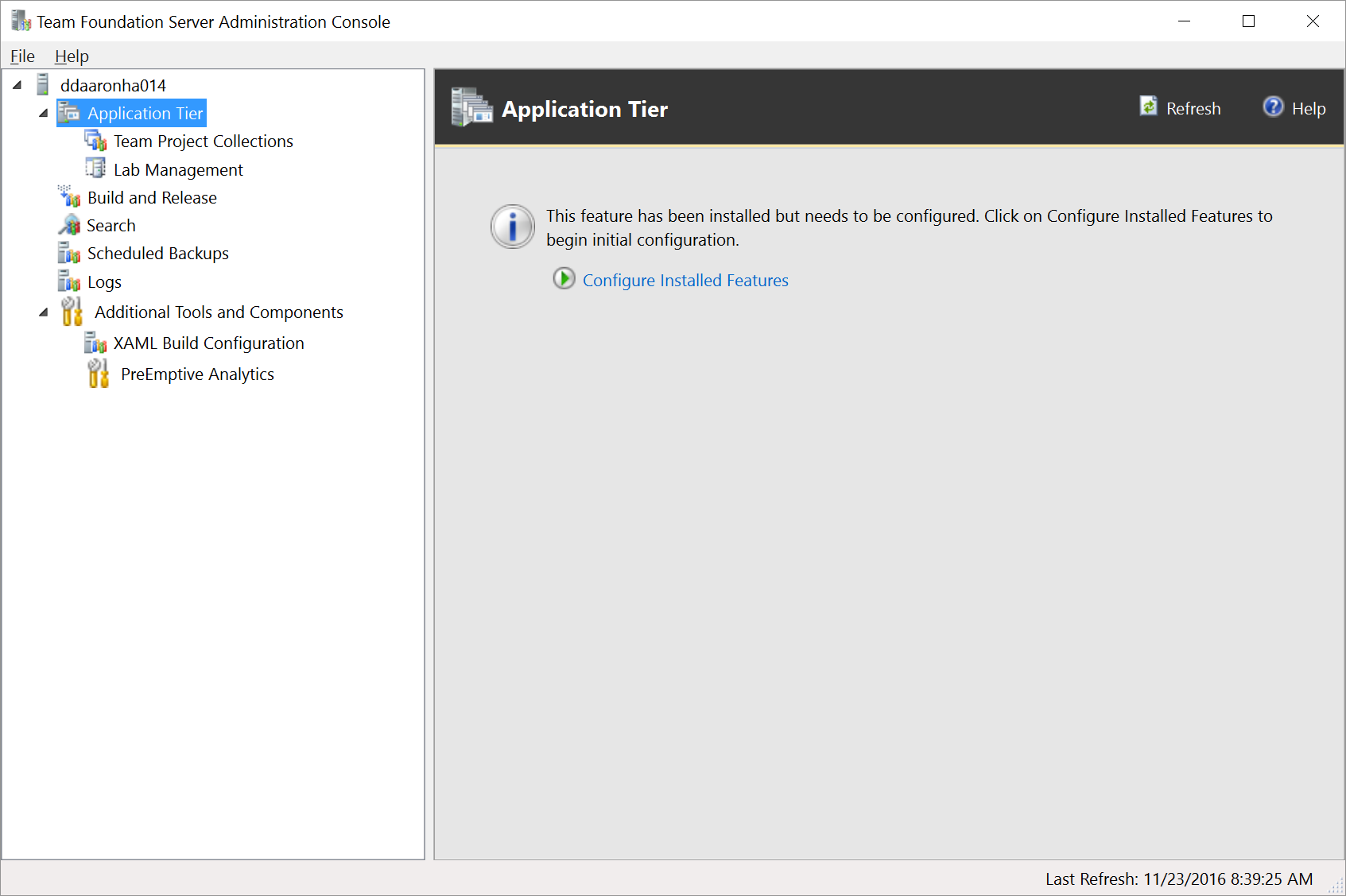 Screenshot of Team Foundation Server Configuration Center wizard, Application Tier, Choose Configure Installed Features.