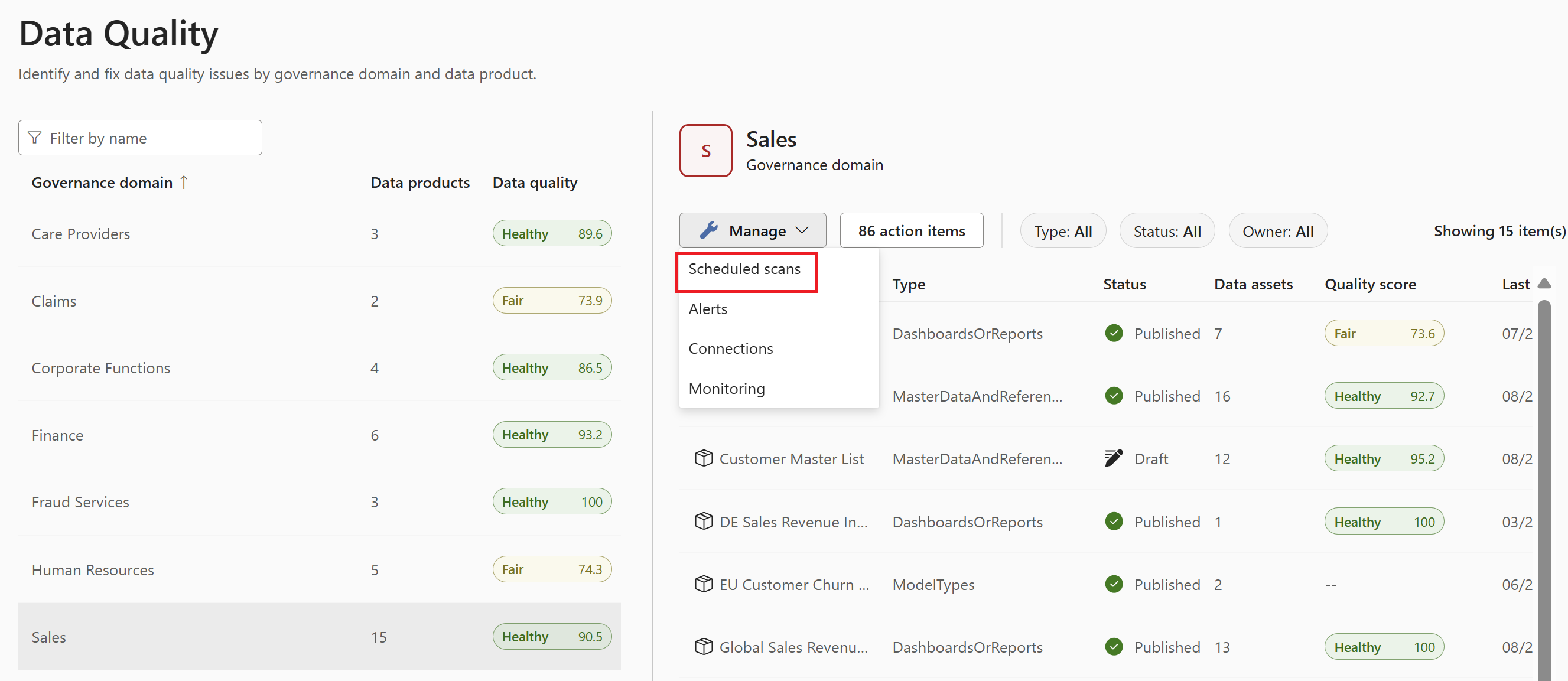 Screenshot of the data quality page for a business domain, with the scheduled scans button highlighted.