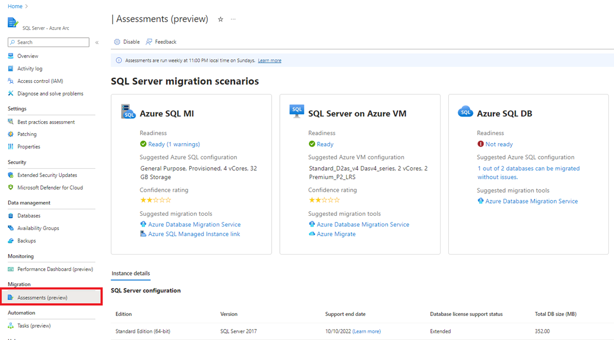 Screenshot showing how to get to the SQL Server migration assessment report an SQL Server resource.