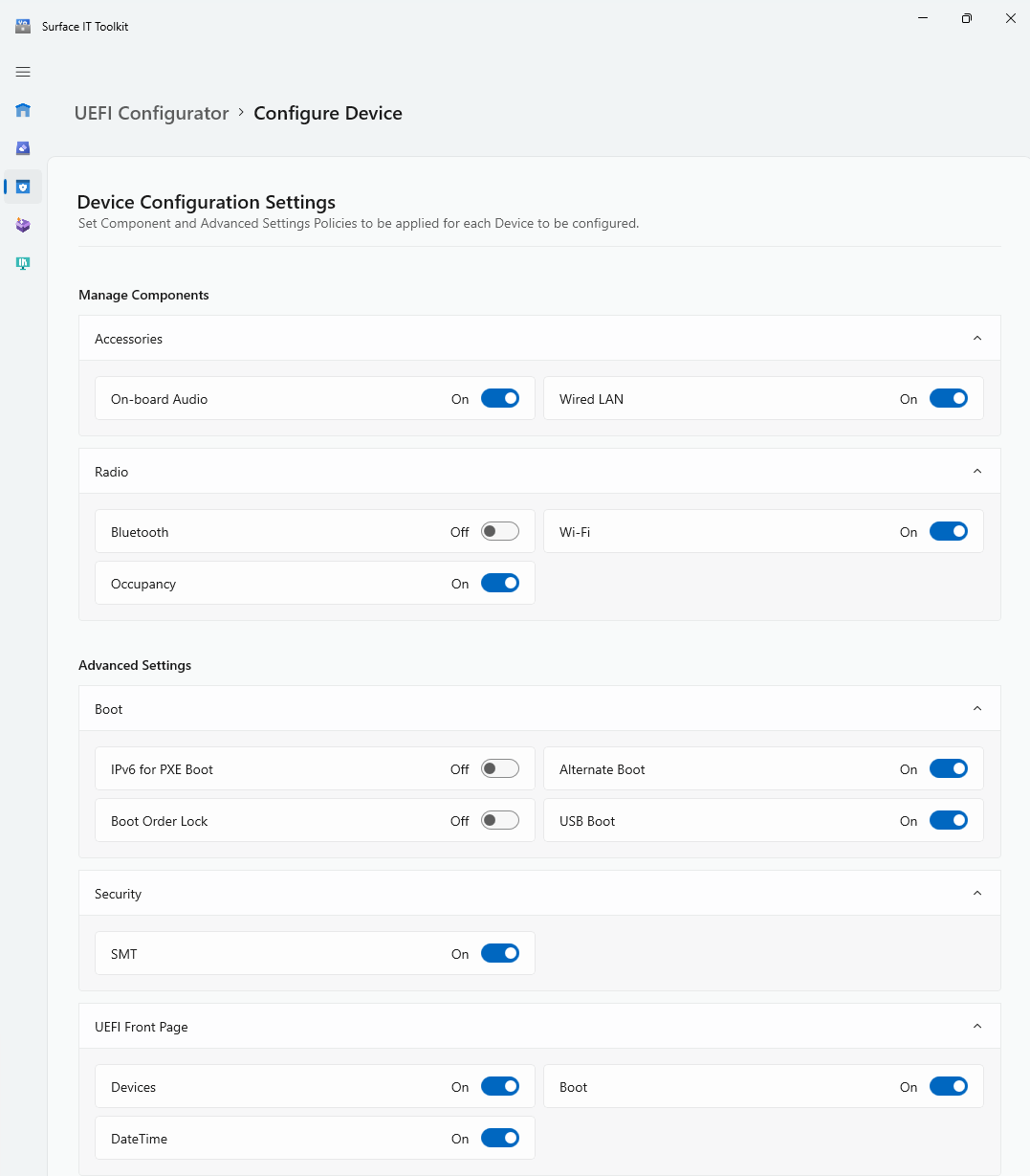 Screenshot showing components and advanced settings to turn on or off.