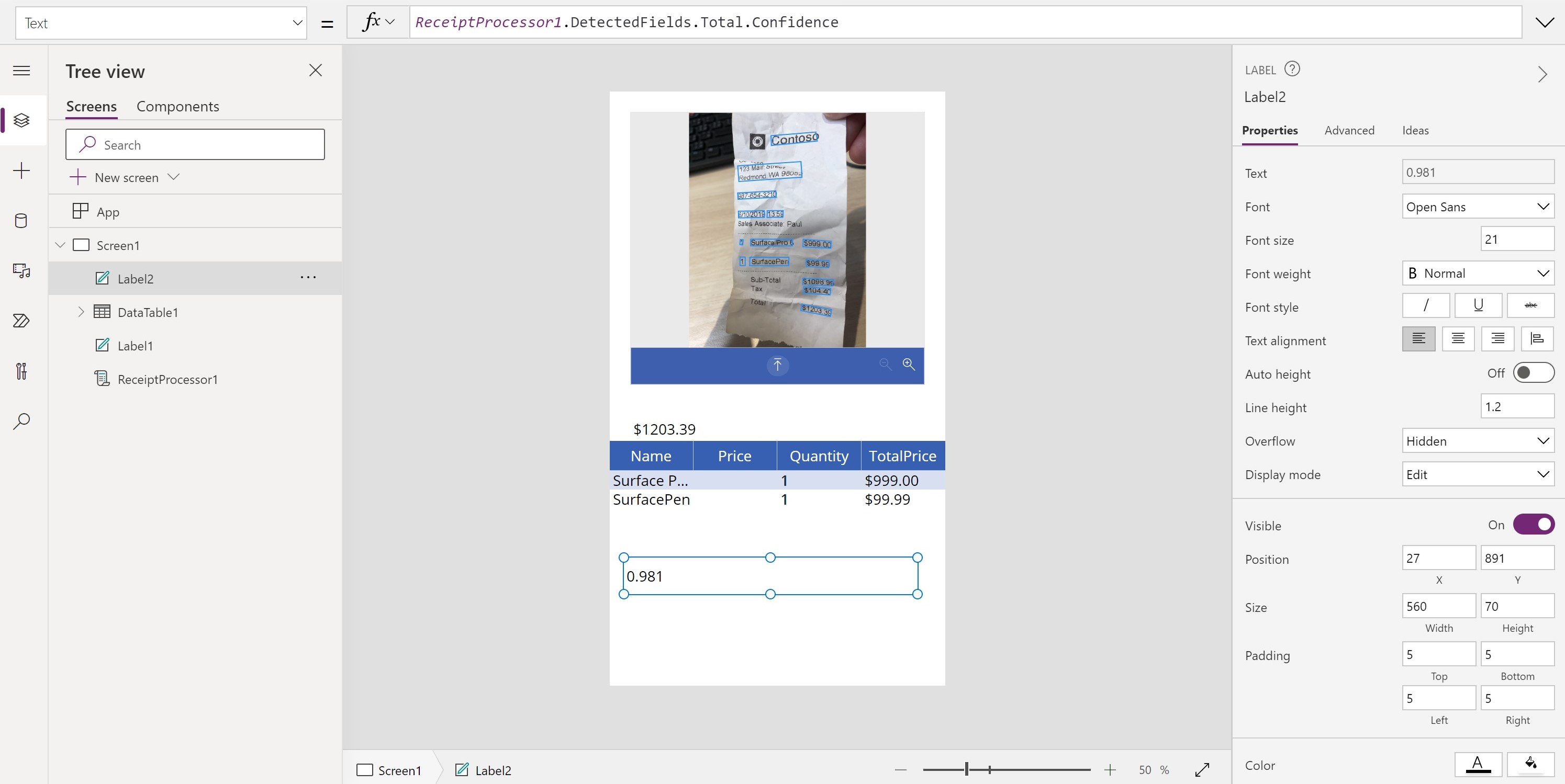 Detected fields shows formula for ReceiptProcessor1.DetectedFields.Total.Confidence with a value of 0.691.