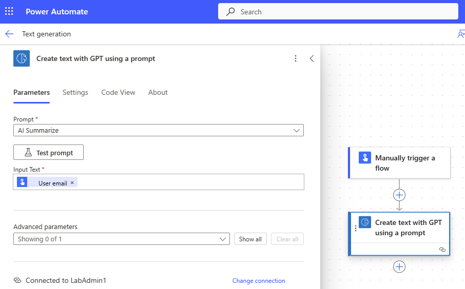 Screenshot of Power Automate showing AI Builder in a flow with focus on the Create text with GPT action.