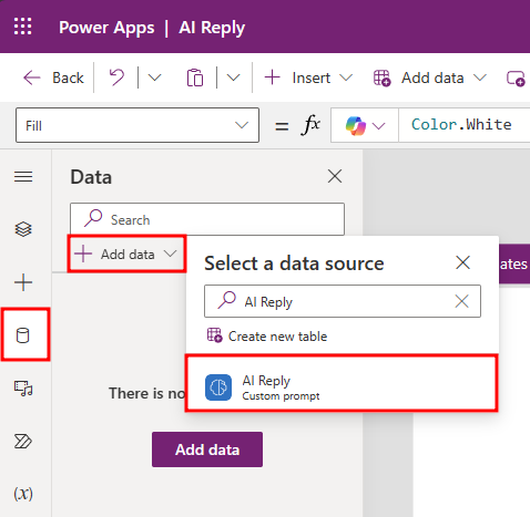 Screenshot of Power Apps on the Data page with focus on Add data and AI Reply.