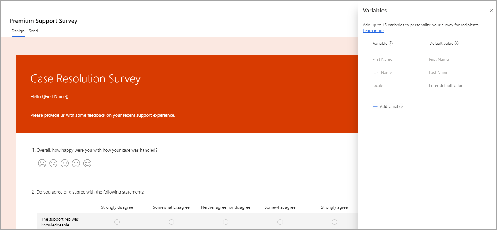 Screenshot of the Premium Support Survey in Design view with the Variables dialog open.