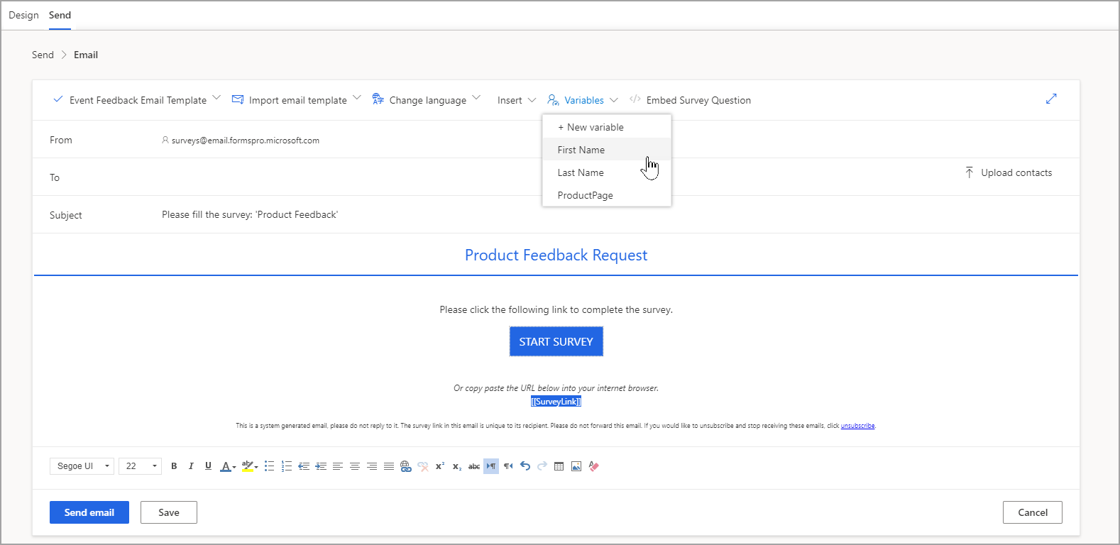 Screenshot of the Send tab, showing the email template with the Variables dropdown menu selected and the First Name variable added.