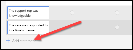 Screenshot of Likert statements with an arrow pointing to the Add statement button.