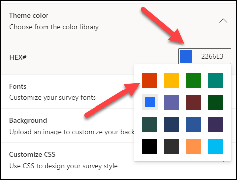 Screenshot of the Theme color selector with arrows pointing to the HEX value for the color blue and to the dark orange color.