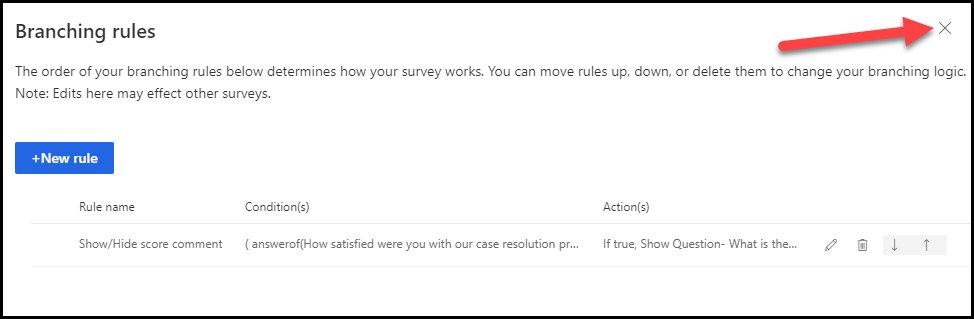 Screenshot of the Branching rules dialog with an arrow pointing to the Close button.