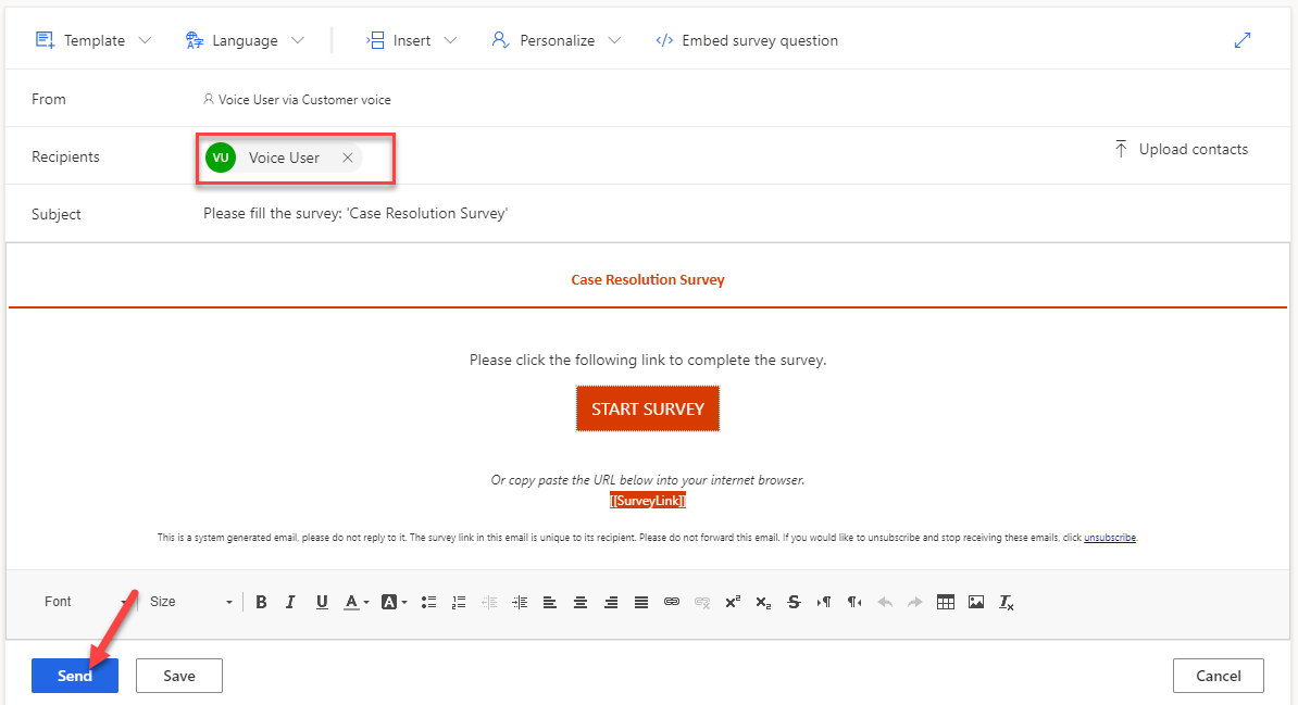 Screenshot of survey with Recipients set to Voice User, and an arrow pointing to the Send button.