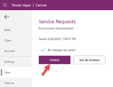 Screenshot of Power Apps. showing the canvas app Publish button.