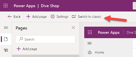 Screenshot of the Switch to classic option on the header.